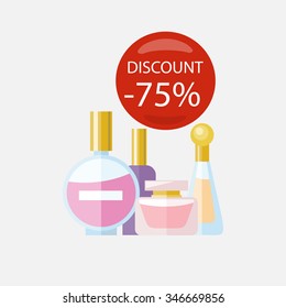 Sale of household appliances. Red bubble discount percentage. Sale badge label. Group perfume bottle flat style. Perfume, perfume bottle, cosmetics, woman perfume, fragrance, man perfume, smell