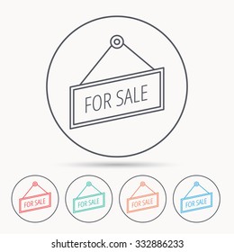 For sale icon. Advertising banner tag sign. Linear circle icons.