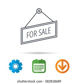 For sale icon. Advertising banner tag sign. Calendar, cogwheel and download arrow signs. Colored flat web icons. Vector