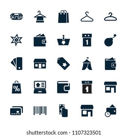 Sale icon. collection of 25 sale filled icons such as hanger, explosion, cash payment, bar code, shop, real estate on laptop, wallet. editable sale icons for web and mobile.
