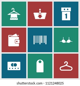 Sale icon. collection of 9 sale filled icons such as credit card, hanger, bra, bar code, wallet, shopping basket. editable sale icons for web and mobile.