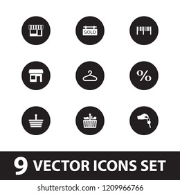 Sale icon. collection of 9 sale filled icons such as hanger, shopping basket, sold tag, hand with key, store, shopping bag, barcode. editable sale icons for web and mobile.