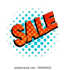 Sale icon comic style vector illustration. Cartoon red sale, isolated on white background. Tag icon with blue dot. Pop art style