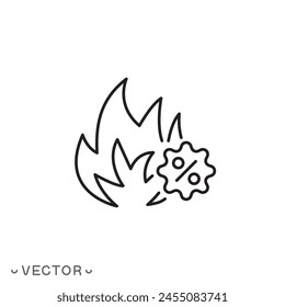 sale icon, discount, hot sale, percent sign in fire thin line symbol isolated on white background, editable stroke eps 10 vector illustration