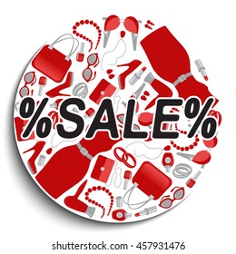Sale icon with fashion and shopping accessories 