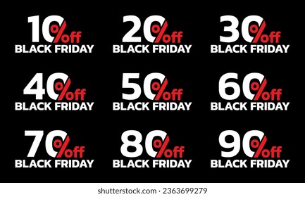 Sale icon or label set. 10,20,30,40,50,60,70,80,90 percent price off or discount badges. Promotion, price tag design element. Vector illustration.