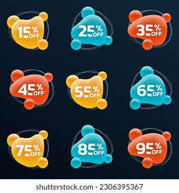 Sale icon, logo or label set. 3d abstract liquid shape design. 15, 25, 35, 45, 55, 65, 75, 85, 95 price off stickers, promotion badges. Discount colorful banner templates. Vector illustration. 