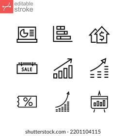 Sale icon outline set. Sales marketing include money growth, graph increase, ticket on sale, sale tag, chart. Traffic Management. Editable stroke Vector illustration Design on white background. EPS 10