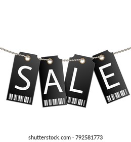 Sale icon price tag. black signs hanging on a rope isolated on a white background.