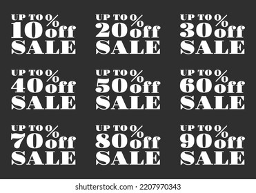 Sale icon set. 10, 20, 30, 40, 50, 60, 70, 80, 90 percent price off. Discount tag, label or sign. Promotion sticker design. Business, advertising, marketing badge. Vector illustration.