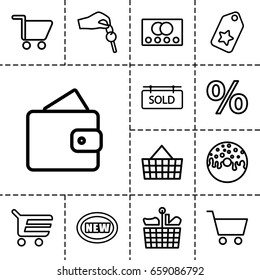 Sale icon. set of 13 outline saleicons such as credit card, wallet, donut, sold tag, hand with key, shopping cart, tag, new, shopping bag