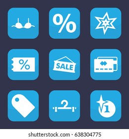 Sale icon. set of 9 filled sale icons such as explosion, hanger, bra, tag, credit card