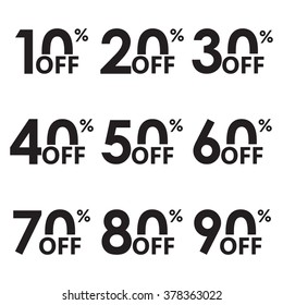 Sale icon set. Discount price off and sales design template. Shopping and low price symbols. 10,20,30,40,50,60,70,80,90 percent sale. Vector illustration.