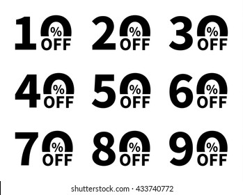 Sale icon set. Discount price off and sales design template. Shopping and low price symbols. 10,20,30,40,50,60,70,80,90 percent sale. Vector illustration.