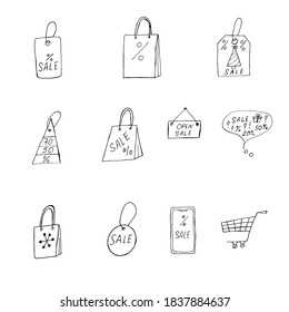 Sale, icon set, discounts on a white background. Thoughts on sale, discounts. Doodle style. Phone, trolley, tags, bags, open sale sign, thoughts of a sale.
