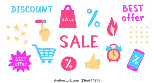 Sale icon set with hand clicking slider in online store, thumb, cart, shopper bag, percent sign on smartphone. Bright pink, blue and purple colors. Vector doodle symbols of sell-out for ads design.