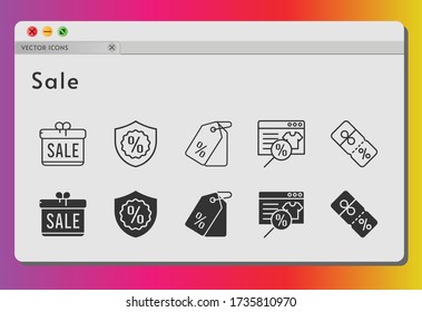 sale icon set. included gift, online shop, price tag, warranty, discount icons on white background. linear, filled styles.