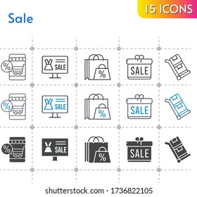 sale icon set. included gift, online shop, shopping bag, trolley icons on white background. linear, bicolor, filled styles.