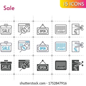 sale icon set. included gift, online shop, voucher, barcode, open icons on white background. linear, bicolor, filled styles.