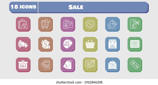 sale icon set. included gift, voucher, discount, shopping-basket, delivery truck, shopping bag, online shop, sale, mortgage icons on white background. linear, filled styles.