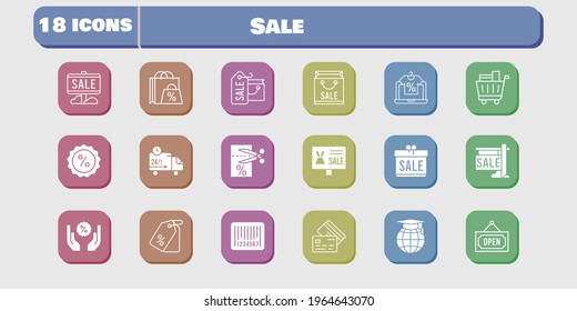 sale icon set. included gift, voucher, discount, delivery truck, shopping bag, online shop, sale, school, price tag, shopping cart icons on white background. linear, filled styles.