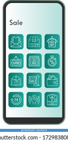 sale icon set. included newsletter, online shop, sale, 24-hours, shirt, package, shop, wallet, discount, closed, stopwatch icons on phone design background . linear styles.