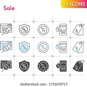 sale icon set. included online shop, price tag, warranty, discount icons on white background. linear, bicolor, filled styles.