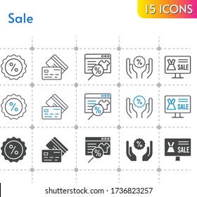 sale icon set. included online shop, discount, credit card icons on white background. linear, bicolor, filled styles.