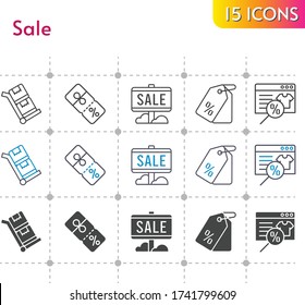 sale icon set. included online shop, sale, price tag, discount, trolley icons on white background. linear, bicolor, filled styles.