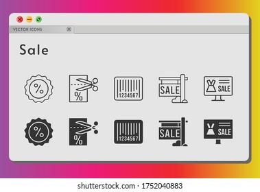 sale icon set. included online shop, sale, voucher, discount, barcode icons on white background. linear, filled styles.