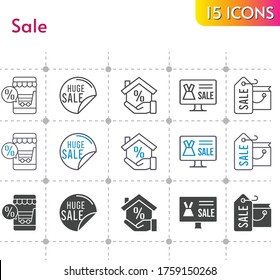 sale icon set. included online shop, shopping bag, sale, mortgage icons on white background. linear, bicolor, filled styles.