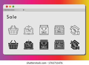 sale icon set. included online shop, shopping bag, shop, mortgage, shopping-basket, shopping basket icons on white background. linear, filled styles.