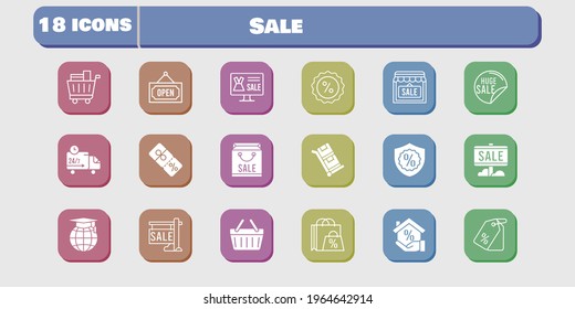 sale icon set. included shop, discount, shopping-basket, delivery truck, trolley, shopping bag, online shop, sale, mortgage icons on white background. linear, filled styles.