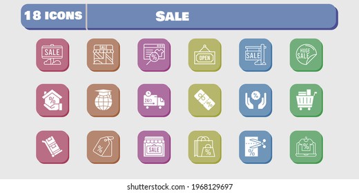 sale icon set. included shop, voucher, discount, delivery truck, trolley, shopping bag, online shop, sale, mortgage, school icons on white background. linear, filled styles.