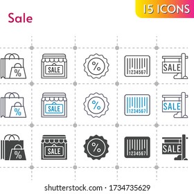sale icon set. included shopping bag, sale, shop, discount, barcode icons on white background. linear, bicolor, filled styles.