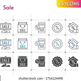 sale icon set. included shopping bag, online shop, sale, mortgage, discount icons on white background. linear, bicolor, filled styles.