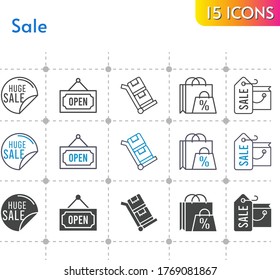 sale icon set. included shopping bag, sale, open, trolley icons on white background. linear, bicolor, filled styles.