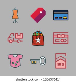 sale icon set. vector set about tag, clothes, key and gift card icons set.