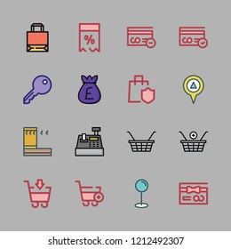 sale icon set. vector set about price tag, money bag, cash register and shopping cart icons set.