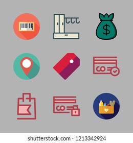 sale icon set. vector set about tag, groceries, credit card and bars code icons set.