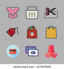 sale icon set. vector set about credit card, clothes, coupon and shopping bag icons set.