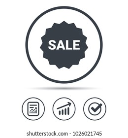 Sale icon. Special offer star symbol. Report document, Graph chart and Check signs. Circle web buttons. Vector