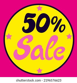 Sale Iconic Black 50% off gorgeous stamp on pink background, Pinkish Star vector illustration. Women and girls store sale symbol offer. Stamp sticker for sale. One from set