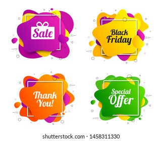 Sale icons. Banner shape, various colors. Special offer and thank you symbols. Gift box sign. Geometric vector banner. Gradient liquid shape badge. Square frame with shadow. Vector