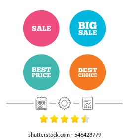 Sale icons. Best choice and price symbols. Big sale shopping sign. Calendar, cogwheel and report linear icons. Star vote ranking. Vector