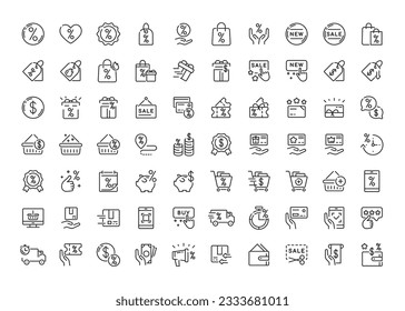 Sale Icons Collection Vector Set. Benefit Sign, Discounts, Sales, Money Saving, Profit Opportunity, Gift Card, Voucher, Coupon, Piggy Bank, Savings, Delivery, Online Payment, Online Shopping.
