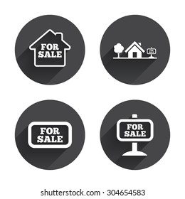 For sale icons. Real estate selling signs. Home house symbol. Circles buttons with long flat shadow. Vector