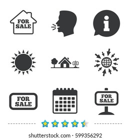 For sale icons. Real estate selling signs. Home house symbol. Information, go to web and calendar icons. Sun and loud speak symbol. Vector