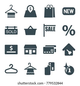 Sale icons. set of 16 editable filled sale icons such as hanger, explosion, creadit card payment, sale, credit card, dollar card, shopping bag, percent, home key, sold tag