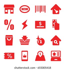 Sale icons set. set of 16 sale filled icons such as explosion, bar code, home search, home key, lot price, real estate on laptop, flash, percent, cash payment, shopping basket